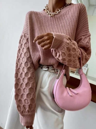 Elegant solid color knite round neck long sleeve sweaters
