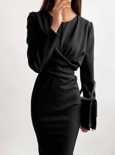 Fashion Long Sleeve Waist Midi Dress(4 Colors)