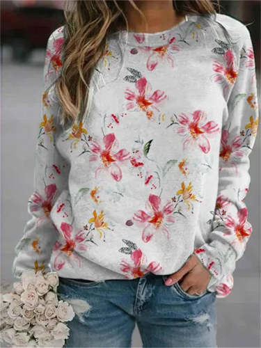 Vintage wome flower printed round neck long sleeve sweatshirts