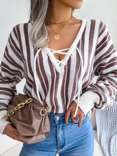 Women's Sweaters Striped Lace-Up Balloon Sleeve Sweaters