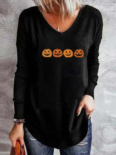 Women's Halloween T-Shirts V-Neck Printed Long Sleeve Casual T-Shirts