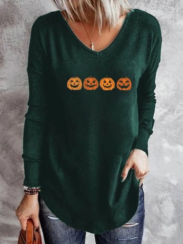 Women's Halloween T-Shirts V-Neck Printed Long Sleeve Casual T-Shirts
