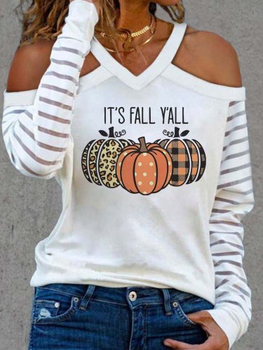 Women's Halloween T-Shirts Pumpkin Print Off-The-Shoulder Long Sleeve T-Shirt