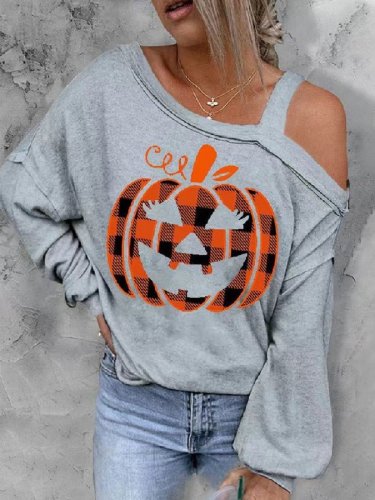 Women's Halloween T-Shirts Pumpkin Print Off-The-Shoulder Long-Sleeve T-Shirts