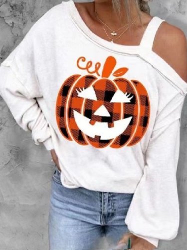 Women's Halloween T-Shirts Pumpkin Print Off-The-Shoulder Long-Sleeve T-Shirts
