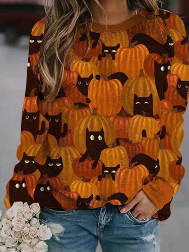 Women's T-Shirts Pumpkin Cat Print Crew Neck Long Sleeve Halloween T-Shirts