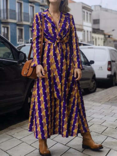 Women's Dresses Check Geometric Print Lace-Up Long Sleeve Dress Maxi Dresses