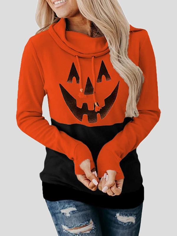 Women's Hoodies Pumpkin Print High Neck Tie Long Sleeve Halloween Hoodies