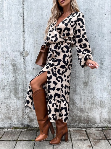 Women's Dresses V-Neck Leopard Print Long Sleeve Slit Dress