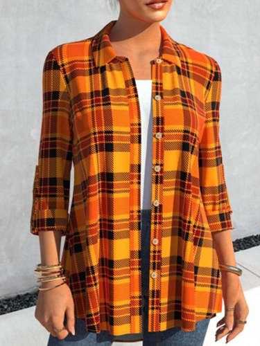 Casual Daily Grid Orange Long Sleeve Stand Collar Blouses