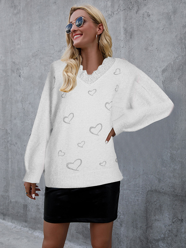 Casual Loose Lace Gored V neck Long sleeve Plush Sweaters