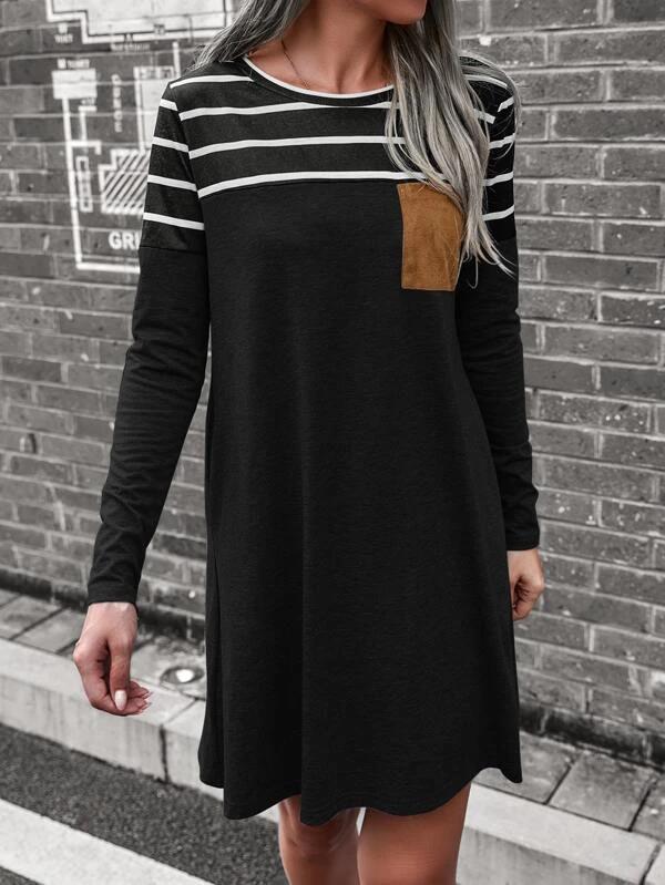Women's Dresses Loose Striped Pocket Panel Long Sleeve Dress