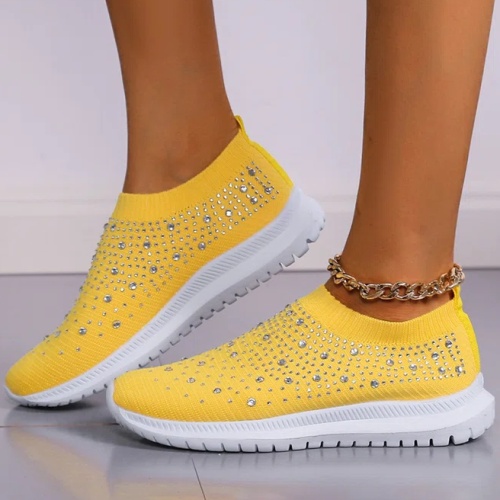 Rhinestone Design Portable Overfoot Lightweight Flyknit Woman Sneakers