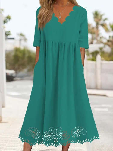 Women's Dresses Solid Wave Neck Lace Panel Pocket Casual Dress