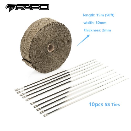 FAPO 2 x 50ft Roll Titanium Header Pipe Lava Manifold Exhaust Heat Wrap 10 Ties