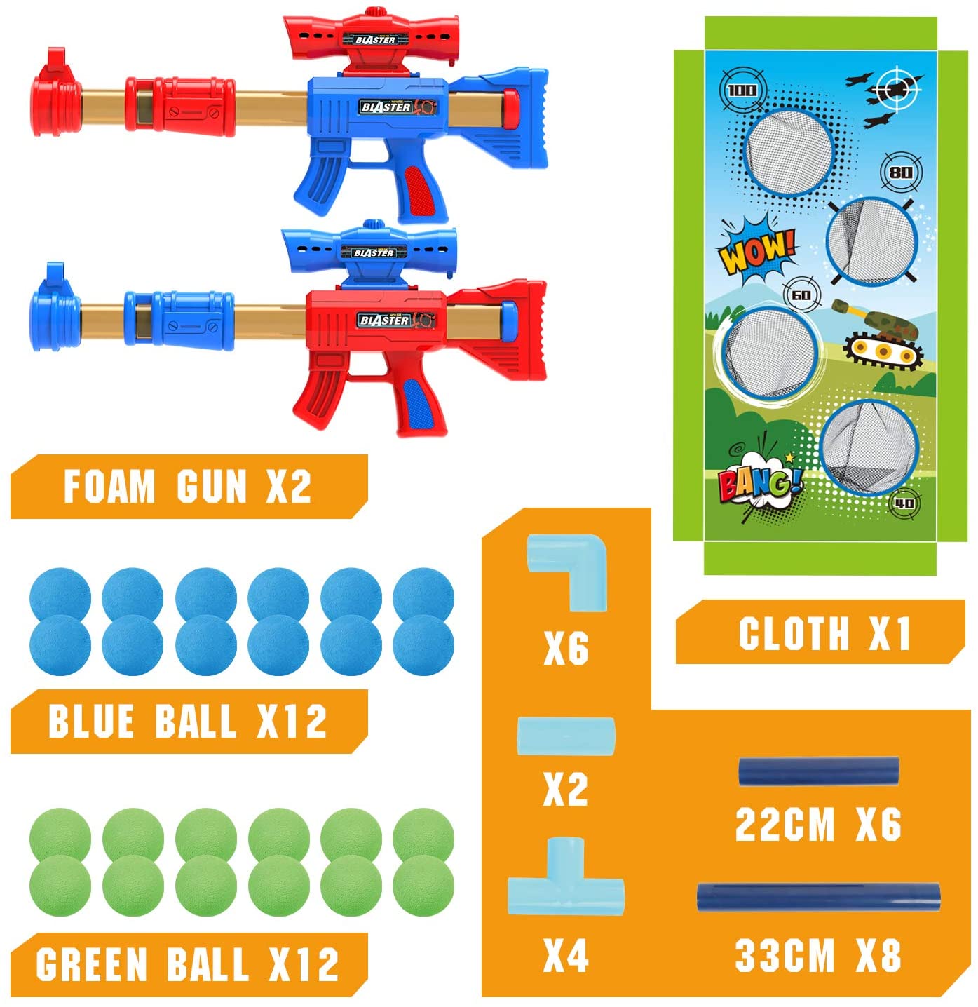 24 Foam Balls STOTOY Shooting Game for Nerf Toys 5 6 7 8 9 10+ Years Olds Boys and Girls,2PK Foam Ball Popper Air Toy Guns with Standing Shooting Target Indoor-Outdoor Activity Game for Kids 