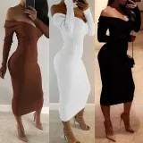 Simple Sexy v-neck Women Knitted Skirt Suits Autumn Winter Long Sleeve Elegant Party Female Sweater Black White Red-brown Dress