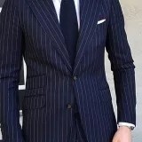 Pinstripe Slim fit Men Suits for Formal Wedding Tuxedo Notched Lapel 2 piece Navy Blue Striped Business Groom Suit Male Fashion