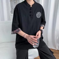 Linen short sleeve T-shirt with Chinese style embroidery