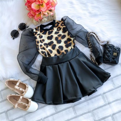 Leopard Print Puff Sleeve Tops and PU Mini Skirt Set