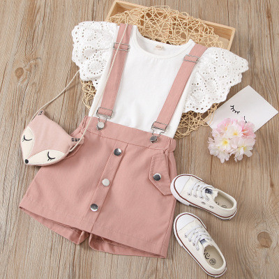 2pcs Lace Top and Overall Set