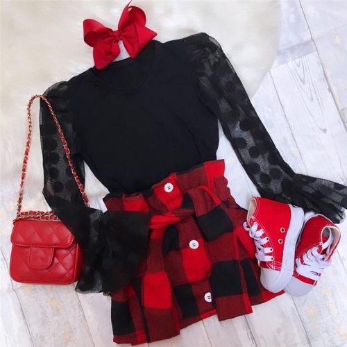 Lace Mesh Flare Sleeve Top and Plaid Skirts Set