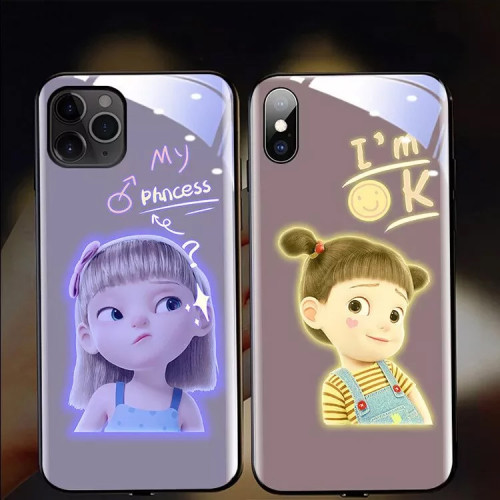iPhone全適配 玻璃材質 智慧發光系列 超可愛女孩表情 下訂兩個附贈10000大容量行動電源