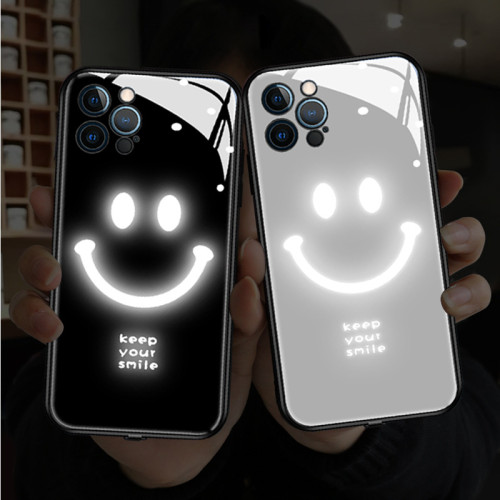 【笑臉玻璃殼】全iPhone適用發光手機殼智能聲控來電發光玻璃保護殼