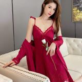 New spring and summer sling lace nightdress two-piece ice silk net red nightgown home service