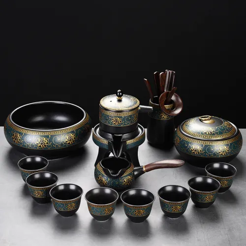Lazy stone teapot automatic tea set matt black pottery ceramic Kung Fu teacup set