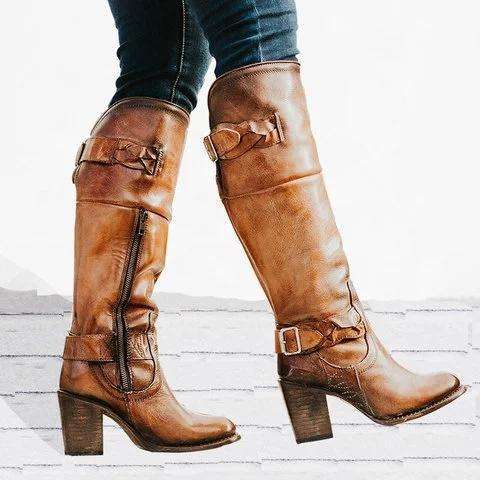 Vintage Braided Strap Boots Chunky Heel Side Zip Boots