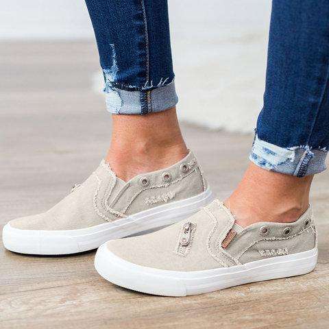 Large Size Zipper Denim Loafers Flats Canvas Shoes Women Casual Slip on