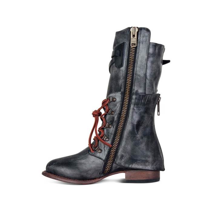 Vintage Women Lace-up Boots Adjustable Buckle Faux Leather Low Heel Boots