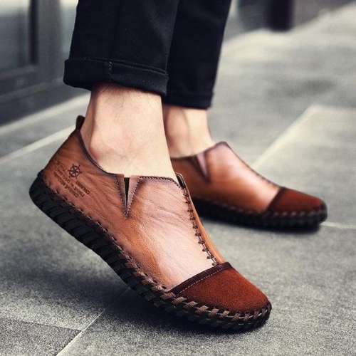 Men's  Vintage Cow Leather Hand Stitching Soft Loafers Casual Shoes