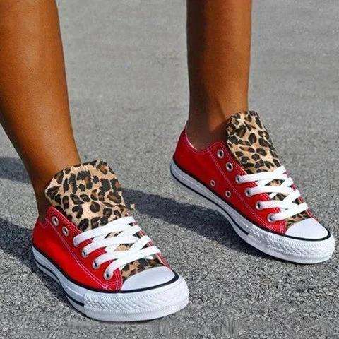 Canvas Lace-Up Leopard Flat Heel Round Toe Casual Sneakers