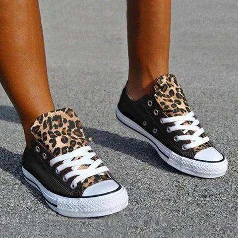 Canvas Lace-Up Leopard Flat Heel Round Toe Casual Sneakers