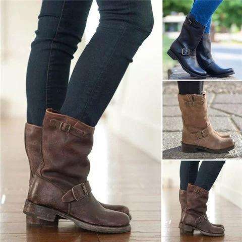 Adjustable Buckle Ankle Boots Block Heel Riding Boots