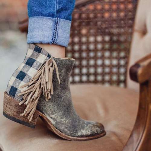Taupe Chunky Heel Faux Leather All Season Tassel Boots
