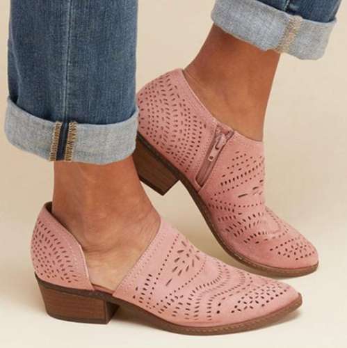 Hollow-out Low Heel Cutout  Suede Zipper Ankle Boots