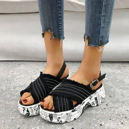 Women's Denim Alphabet Open Toe Buckle Strap Creepers Platform Sandals