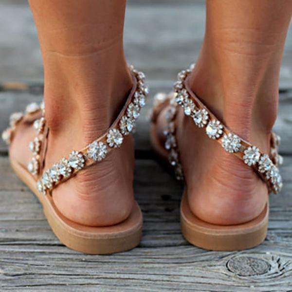 Women PU Rhinestone Flat Heel Sandals Flip Flop Style Large Size