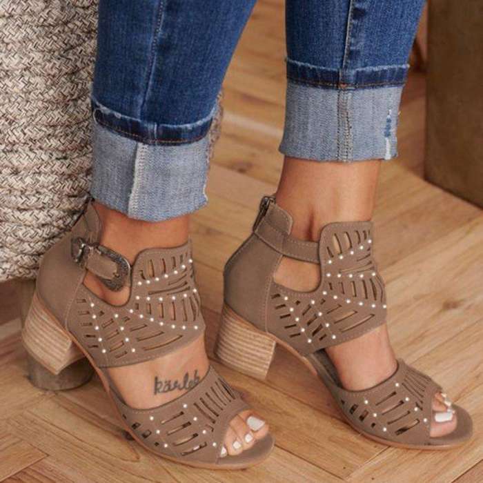 Women Cut-out Slip-on Stylish Mid Heel Sandals Shoes