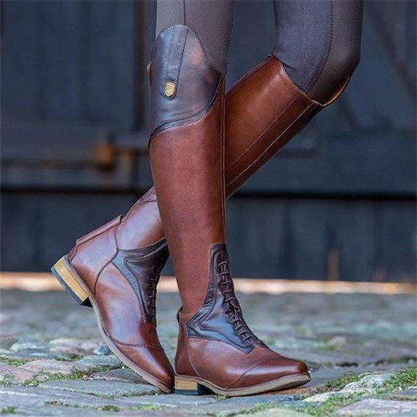 Women Color-block Riding Boots Low Heel Pu Boots