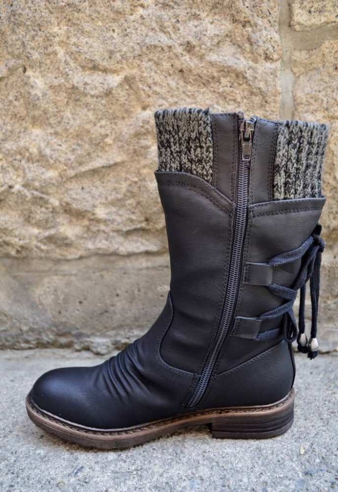 Mid-Calf Back Lace Up Boots Low Heel Knitted Fabric Boots