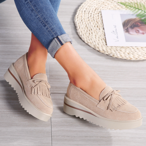 Platform Leather Suede Tassel Without Lace Loafers Shoes