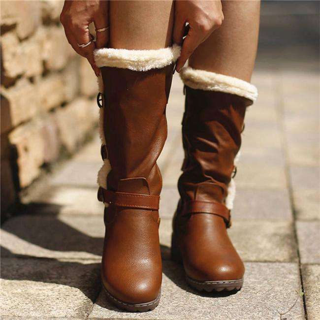 Women Casual Buckle Decor Hit Colors Zipper Cotton Mid-calf Boots