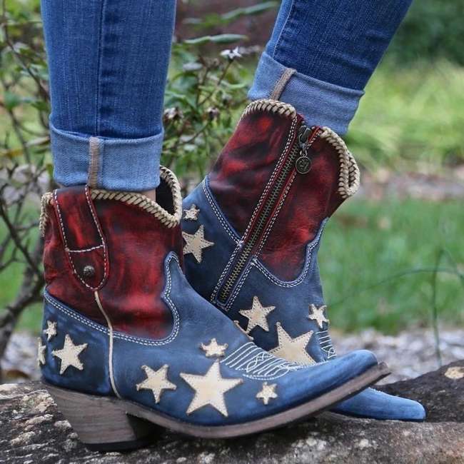 Women Vintage Pointed Toe Star Colouring Short Boots