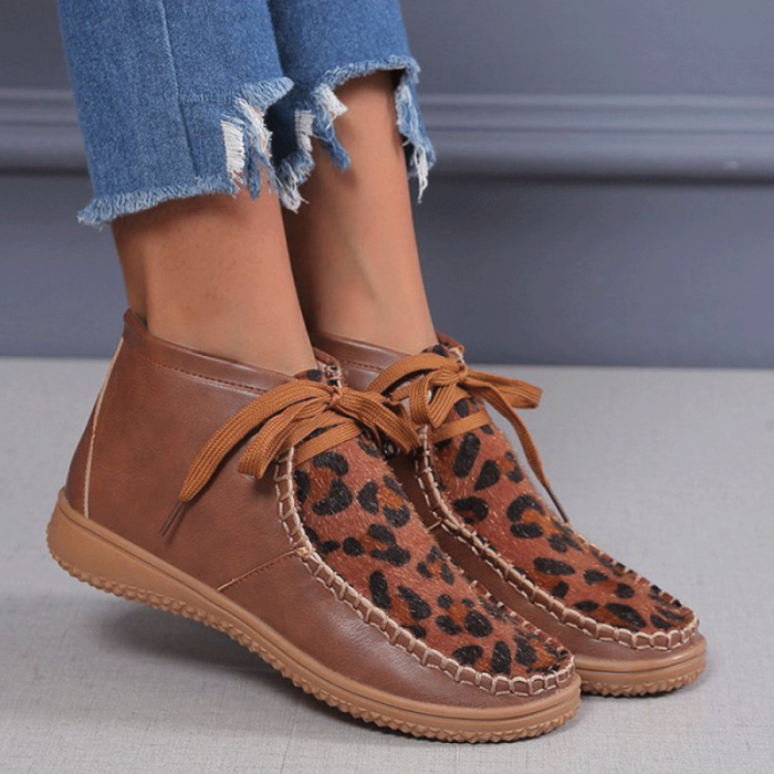Round Toe Leopard Print Comfortable Flat Boots