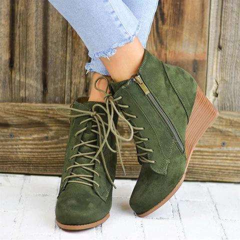 Lace-Up Stacked Wedge Booties Comfort Ankle Boots With Zipper