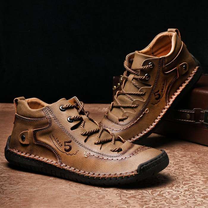Men Hand Stitching Vintage Microfiber Leather Lace Up Comfy Soft Ankle Boots